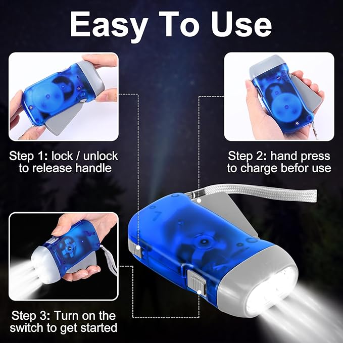 Leelosp 48 Pcs Hand Crank Flashlight No Battery Required Cranked Flashlight Manual Press Flash Light 3 LED Squeeze Light for Camping Hiking Power Outage Gift(Blue)