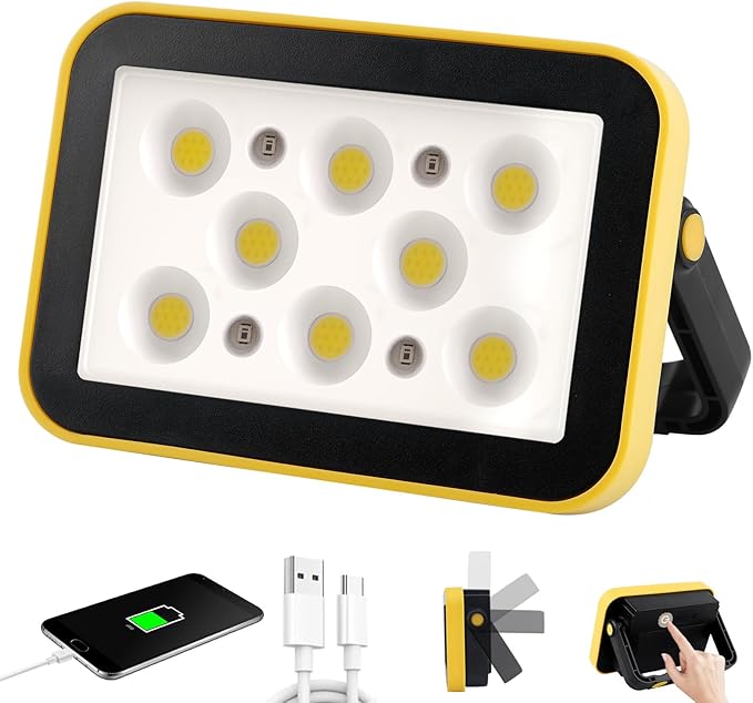 Rechargeable Flood Light with Tripod Hole, Portable COB Work Light Battery Operated, LED Work Lights Waterproof 180° Rotate for Job Site Garage Camping Car Repair, Gifts for Men
