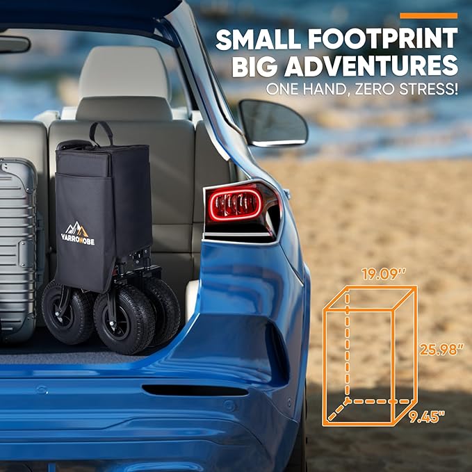 Beach Wagon with 9x3.5" Big Rubber Wheels for Sand, 350lbs Heavy Duty 200L Collapsible Utility Wagon, Easy Transport & Storage, Ideal for Sport, Camping, All-Terrain Outdoor Activities, Black