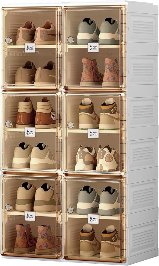 ANTBOX Shoe Organizer Storage Box, Portable Folding Shoe Rack For Closet With Magnetic Clear Door,Large Sneaker Cabinet Bins Sturdy Easy Assembly 6 Layers-12 Grids