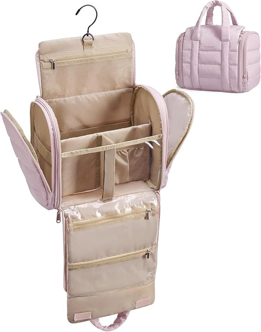 BAGSMART Hanging Toiletry Bag with Removable Partition, Puffy Water-resistant Fabric, Cosmetic Bag Makeup Bag for Full Sized Toiletries, Nude Pink