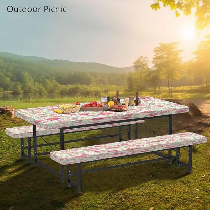 CAPSCEOLL Picnic Table Cover with Bench Covers 8Ft Waterproof Camping Tablecloth Elastic Table Protector with Drawstring Bag for Camping Essentials, 96X30In, Pink Flowers