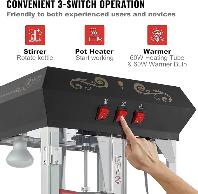 VEVOR Popcorn Maker with Cart, 850W Popcorn Popper Machine, 8 Oz Kettle Makes 48 Cups per Batch, Popcorn Maker Equipped with Tempered Glass, Includes 4 Scoops, Movie Theater Style, Black