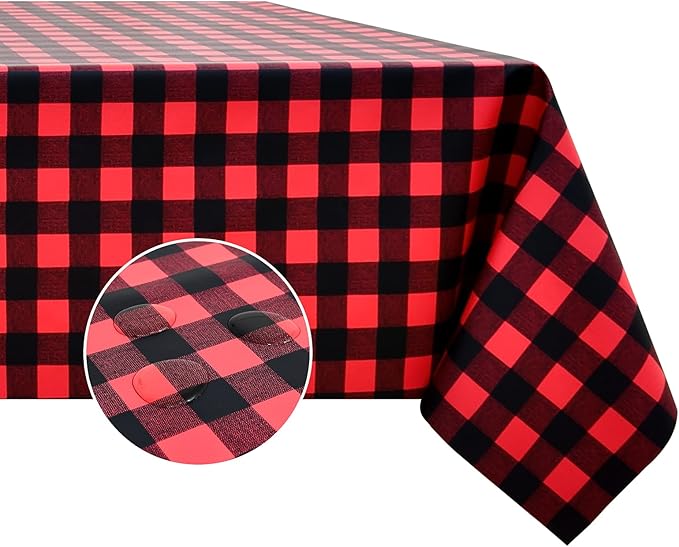 Romanstile Square Vinyl PVC Tablecloth, 100% Waterproof Buffalo Plaid Plastic Table Cloth, Oil Proof Heavy Duty Wipeable Table Covers for Dining/Camping/Picnic/Outdoor - 54 x 54, Black and Red