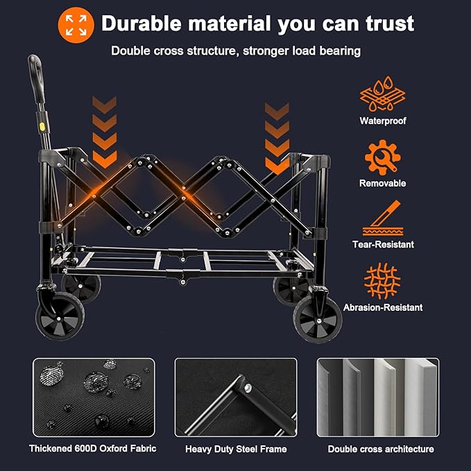 Collapsible Wagon with All Terrain Wheels, Large Grocery Cart On Wheels, 220LBS Utility Folding Wagon for Camping Shopping Beach Sports Fishing, Black