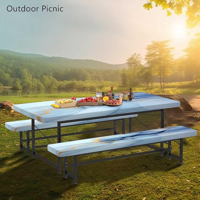 CAPSCEOLL Fitted Picnic Table Cover with Bench Covers with Elastic 6Ft Waterproof Camping Picnic Table Cover Cloths for Outdoors Camping Tablecloth with Drawstring Bag, 72X30in, Blue Marble