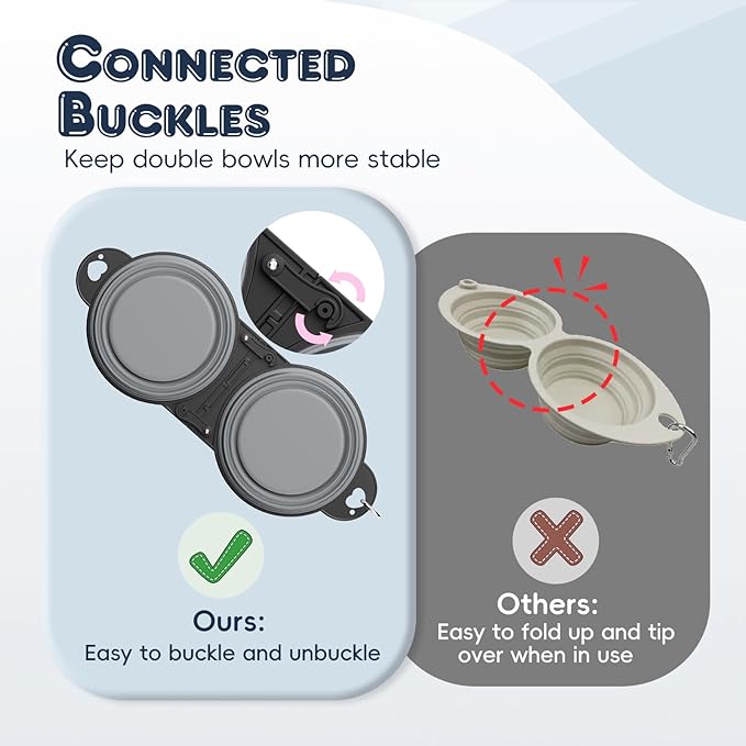 Pawaboo 2-in-1 Collapsible Dog Bowls, Dual Puppy Food and Water Bowls, 180° Flip Over Portable Silicone Dog Bowl with Metal Hook, 450ml Pet Travel Feeder Bowl for Walking Hiking Camping, Gray