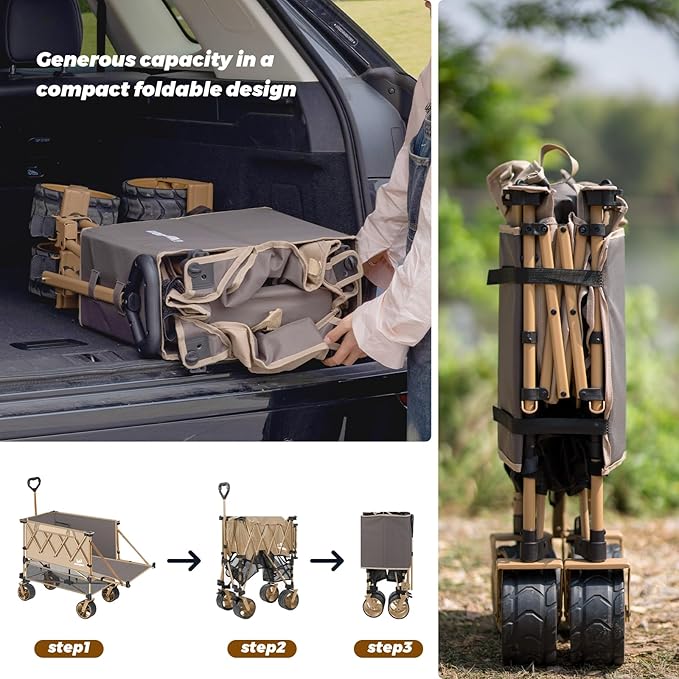 Whitsunday Double Decker Wagon, Heavy Duty Foldable Large Beach Wagon Cart with All-Terrain Big Wheels for Sports,Camping,Outdoor Khaki