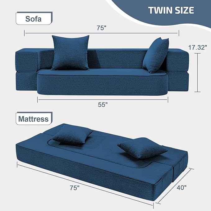 2-in-1 Folding Sofa Bed with Pillows - Folding Chair Floor Couch & Sleeping Mattress - Washable Cover & Memory Foam Sleeper Chair for Living Room/Guest Room/Apartment/Loft, Navy Blue, Twin