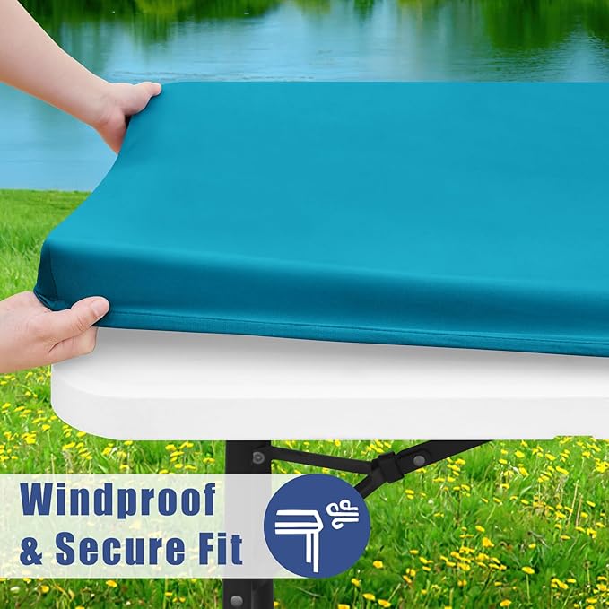 Spandex Picnic Table Cloth 2 Pack, Elastic Fitted Tablecloths for 6 Foot Rectangle Tables, Stretch Washable Patio Table Cover for Outdoor, Camping, Banquet and Parties (Teal, 30"x72")