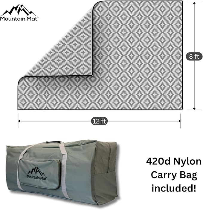 Premium Outdoor RV Patio mat Sizes 8' x 12', 8' x 16', 8' x 20', Made from 100% Recycled Plastic for Tents, Decks, Campers, and Beach – with Durable Carry Bag (8x12, Grey Diamond)