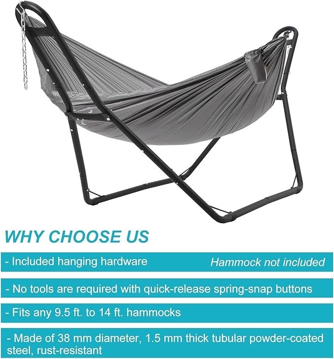 PioneerWorks Hammock Stand, Steel Hammock Frame Heavy Duty 550 LBS Capacity 2Person, Fits Hammocks 9 to 14 Ft, Portable Hammock Rack Adjustable Universal for Indoor Outdoor Backyard Camping Use