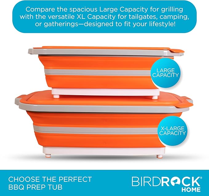 BIRDROCK HOME Collapsible XL BBQ Prep Tub w/Cutting Board, Multi-Function Grill Caddy w/Colander & Lid, Portable Silicone Dish Bowl for Picnic, Tailgate, Camping - Orange