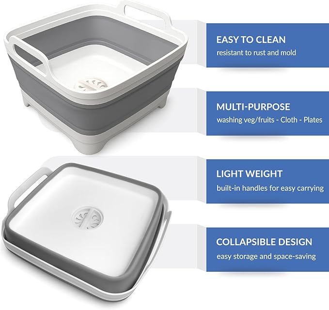 Collapsible Dish Basin - 2.4 Gal (9L) with Drain Plug – Foldable Multiuse Sink Tub for Kitchen, Camping, RV, Dishwashing & Vegetable Washing (Gray)