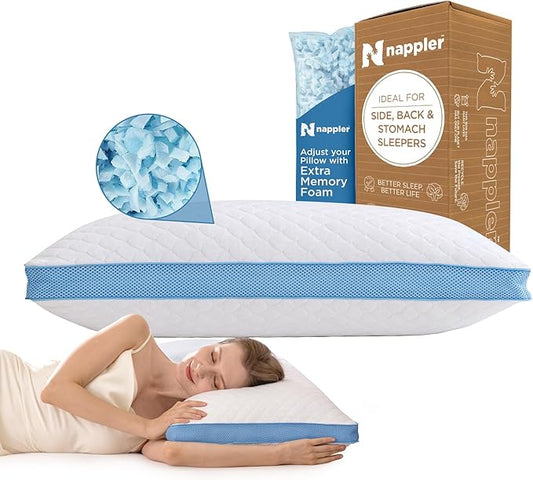 Side and Back Sleeper Pillow for Neck and Shoulder Pain Relief - Shredded Memory Foam Bed Pillow for Sleeping - 100% Adjustable Fill - Standard Size Modal Washable Case. Extra Fill Included