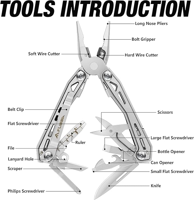 FLISSA 16-in-1 Stainless Steel Multi Tool, Gift for Dad, EDC Multitool with Pocket Knife, Pliers, Belt Clip and Oxford Sheath, Self-locking Utility Multi-Tool for Camping Survival Outdoor