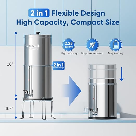 Purewell 3-Stage Gravity Fed Water Filter System, 2.25 Gallon Stainless Steel Countertop System with 2 Washable Ceramic Filters, Metal Water Level Spigot and Stand, Reduce up to 99% Chlorine, PW-OBT-K