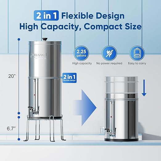 Purewell 7-Stage 0.01μm Ultra-Filtration Alkaline Water Filter System with 4 Filters, Metal Water Level Spigot and Stand, 304 Stainless Steel, Reduce Fluoride & Chlorine, pH 8-9, 2.25G, PW-OB-FT