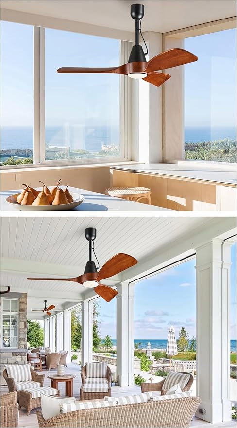 3 Blades Wood Outdoor Ceiling Fan with Light for Patios, Farmhouse Rustic Ceiling Fans with Lights, 42" Plug-in Wet Rated Outdoor Gazebo Fan for Exterior House Porch Patio, Waterproof,F248