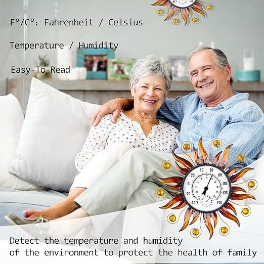 Indoor Outdoor Thermometer, Sun Wall-Mounted Thermometer with Humidity, Easy to Read Decorative Outside Thermometer for Patio, Garden, No Require Batteries
