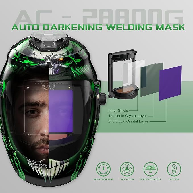 Panoramic View Auto Darkening Welding Helmet with Light, 1/1/1/1 True Color Solar Powered Welding Hood Mask, 4 Arc Sensor Wide Shade for TIG, MIG, ARC, Cut, Grinding, AC-28800G-DT