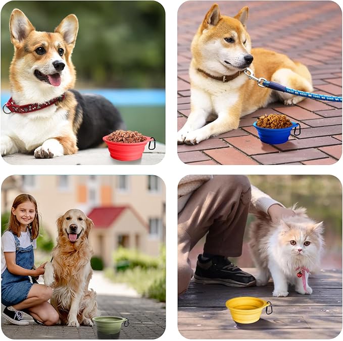 PetBonus 2-Pack Silicone Collapsible Dog Bowls, BPA Free Dishwasher Safe, Portable Foldable Expandable Travel Bowl, Food Water Feeding Cup Dish for Dogs Cats with 2 Carabiners (Army Green, Blue)