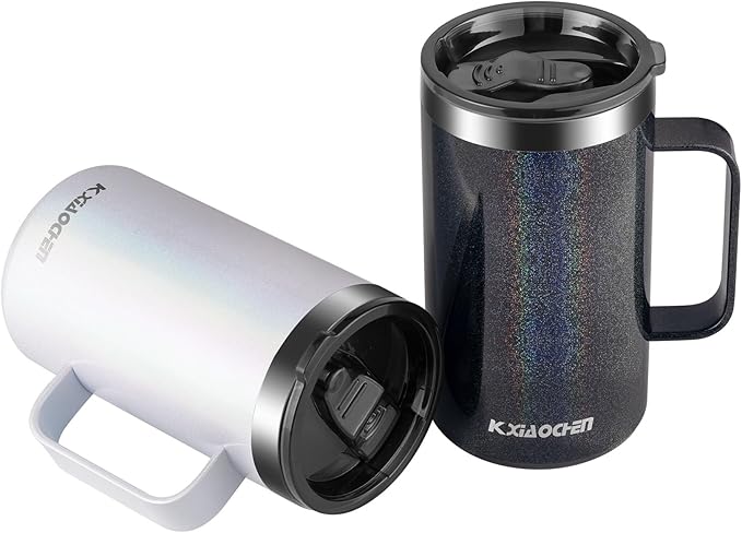KXIAOCHEN 20oz Insulated Coffee Mug with Lid, Stainless Steel Coffee Cup, Double Wall Vacuum Coffee Tumbler with Handle, Premium Thermal Travel Coffee Mug (Glitter Black White 2Pack)