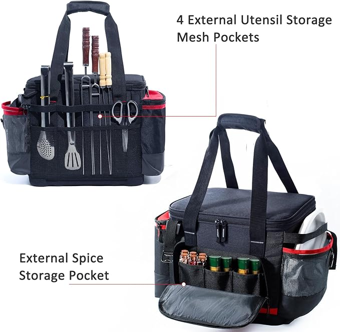 Large Grill Caddy with Lid with Adjustable Dividers, BBQ Outdoor Organizer Bag, Picnic Camping Utensil Caddy, Tailgating Essentials, Grill Gifts for Father's Day