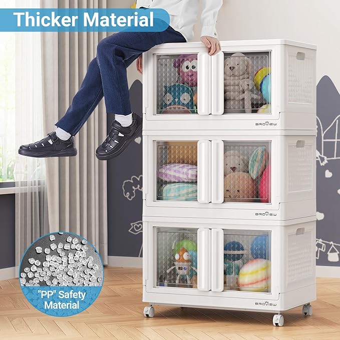 300Qt Stackable Storage Bins with Lids, 75Gal Closet Organizers and Storage Drawer, Plastic Collapsible Storage Bins with Doors, Heavy Duty Store Box Cabinet for Home Kitchen, 3Pack White