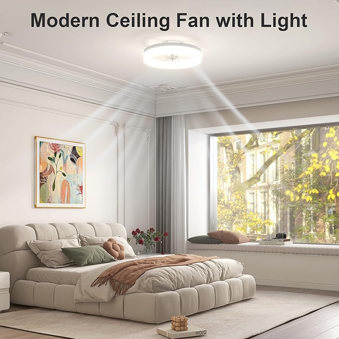 VOLISUN Low Profile Ceiling Fans with Lights and Remote,15.7in Modern Ceiling Fan Flush Mount, 3000K-6500K Dimmable Bladeless LED Fan Light,White Fandelier Ceiling Fans with Lights for Bedroom