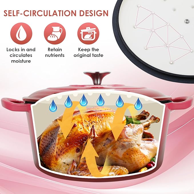 LIFERUN 6 Qt Enameled Cast Iron Dutch Oven Pot with Lid，Oven Safe up to 500° F, Non-Stick Dutch Oven with Dual Handles for Bread Baking, Fry Foods, Braising, Stews, Roasting (Red)