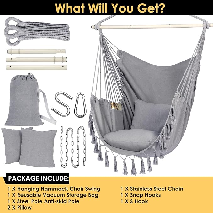 Y- STOP Hammock Chair Hanging Rope Swing, Max 500 Lbs, 2 Cushions Included, Large Macrame Hanging Chair with Pocket for Superior Comfort, with Hardware Kit (Light Grey)