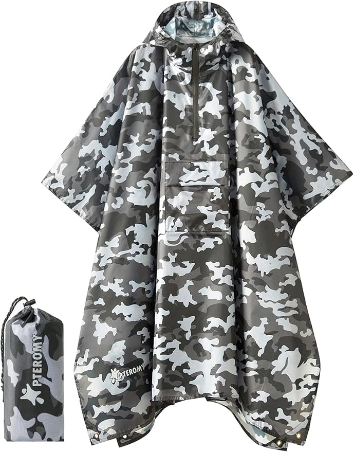 PTEROMY Hooded Rain Poncho for Adult with Pocket, Waterproof Lightweight Unisex Raincoat for Hiking Camping Emergency
