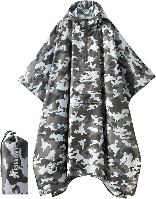 PTEROMY Hooded Rain Poncho for Adult with Pocket, Waterproof Lightweight Unisex Raincoat for Hiking Camping Emergency
