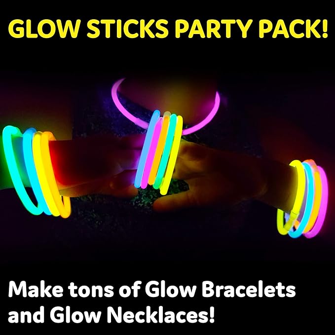PartySticks Ultra Bright Glow Sticks Bulk Party Supplies 400 Pack - 8" Glow in the Dark Light Up Halloween Party Favors, Glow Decorations, Neon Party Necklaces and Bracelets with Connectors