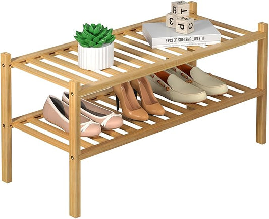 2 Tier Bamboo Shoe Rack for Closet Free Standing Wood Shoe Shelf for Entryway Small Space Stackable 27"x11"x13" (Natural)