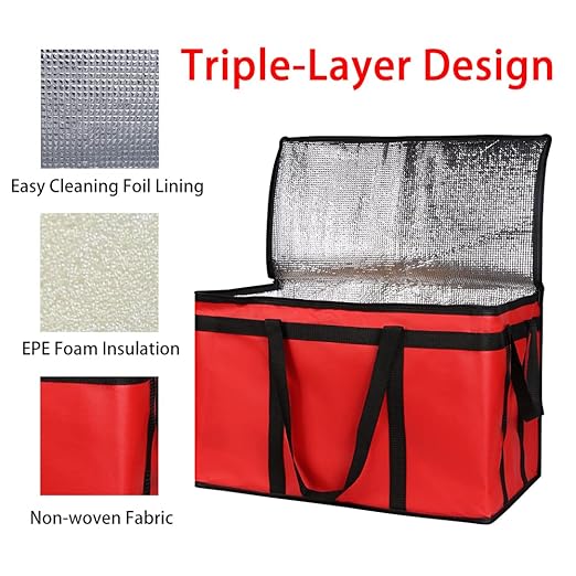 Bodaon 5-Pack Insulated Food Delivery Bag for Uber Eats, XXX-Large Grocey Shopping Bag for Catering, Reusable Cooler/Thermal Bags, Red