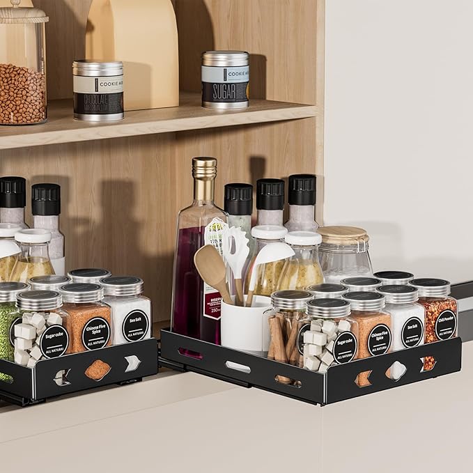 Pull Out Spice Rack, Heavy Duty Spice Rack Organizer, 1 Tier Spice Organization for Cabinet, Vertical Spice Rack for Kitchen, Cabinet, Pantry (8.4''Wx10.5''Dx2.8''H, Metal Black)