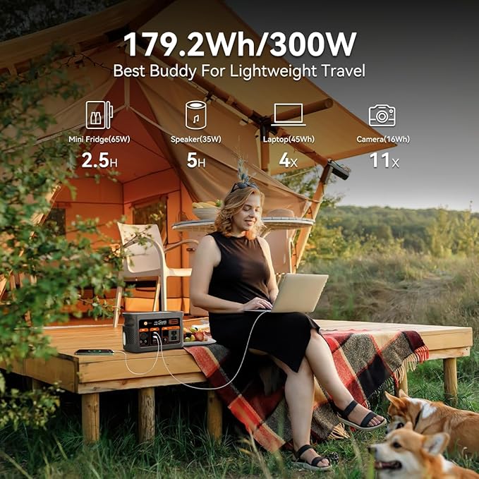 Flashfish 300W Portable Power Station - 179Wh LiFePO4 Battery, 600W Surge, Pure Sine Wave AC Outlets, 60W USB-C PD, 2xUSB-A, DC & Car Ports, LED Light, Solar Generator for Camping&Emergencies