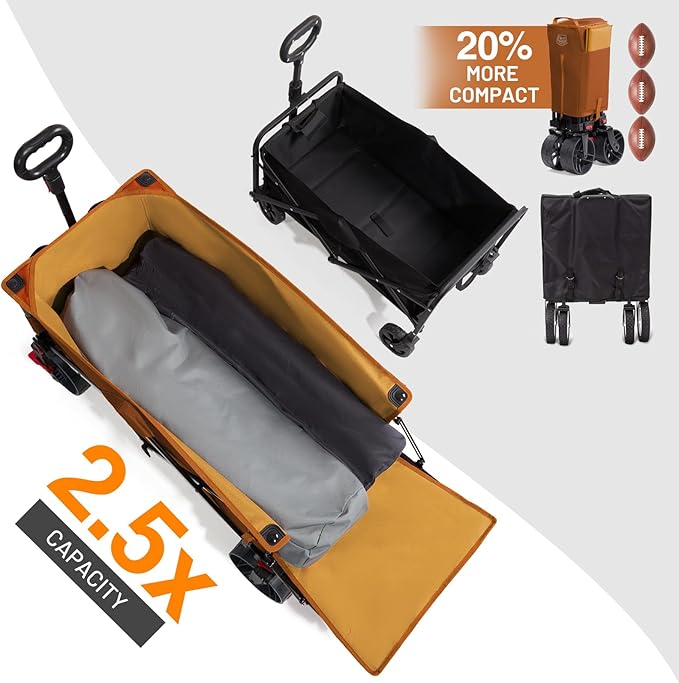 Timber Ridge 47" L Collapsible Wagon with Tailgate & Brake, 300lbs Heavy Duty Beach Wagon with All-Terrain Big Wheels, 250L Foldable Utility Cart for Sand Camping Sports Shopping, Orange