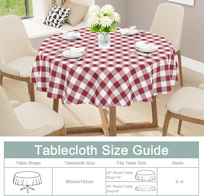 misaya Round Waterproof Vinyl Table Cloth, Buffalo Flannel Backed Tablecloth, Wipeable Plastic Table Cover for Dinner, Kitchen, Picnic (60", Burgundy and White)