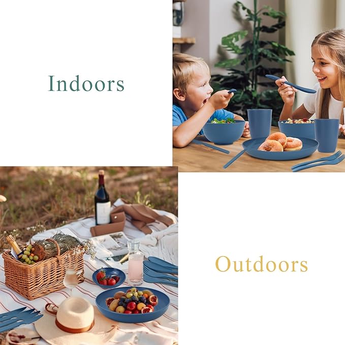 Wheat straw plates and bowls sets with cutlery - Unbreakable wheat straw dinnerware sets - Dishwasher safe plates,bowls,cups for apartment.Blue