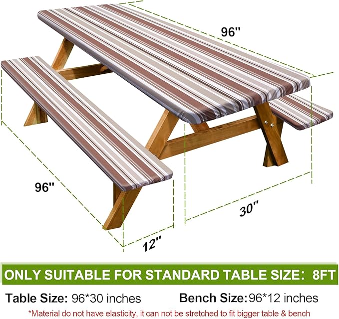 Picnic Table Cover with Bench Covers Camping Essentials Waterproof Windproof Camping Tablecloth with Drawstring Bag, Fitted Rectangle Tables and Seats, 96in, Brown Stripe