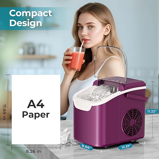 Smart Countertop Ice Maker Machine – 6-Minute 8-Bullet Ice, 26.5lbs Daily – Auto Self-Cleaning, Portable with Selectable Ice Size & Touch Panel for Home/Office/Bar