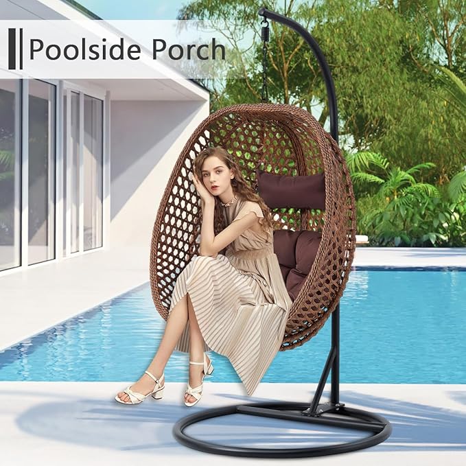 JUFU Egg Swing Chair with Stand,Hanging Egg Chair Indoor Outdoor,Hammock Hanging Basket Chair with Aluminum Steel Frame，Patio Egg Chair with Removable Cushions for Patio Balcony Backyard,Bedrooms