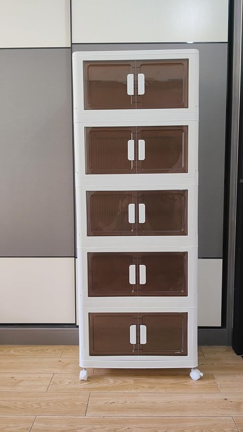 80 Gals Storage Bins with Lids - Folding Storage Box with Doors and Wheels, Collapsible Plastic Bins for Closets, Stackable Storage Organizer, (Extra Large-5Tiers)