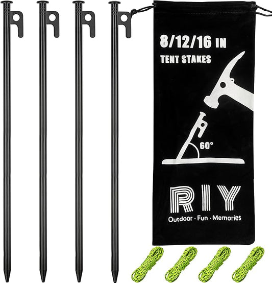 4 Pack Tent Stakes Heavy Duty Metal Tent Pegs for Camping Steel Tent Stakes 16 inch Unbreakable and Inflexible