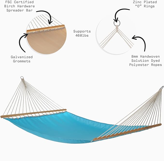 Fab Habitat Solid Recycled Polyester Hammock - Fargo - Blue - Indoor/Outdoor, Quick Dry, 2 Person 460 lbs Capacity - Patio, Poolside, Backyard, Garden, Beach, Balcony - 12-14 ft Adjustable