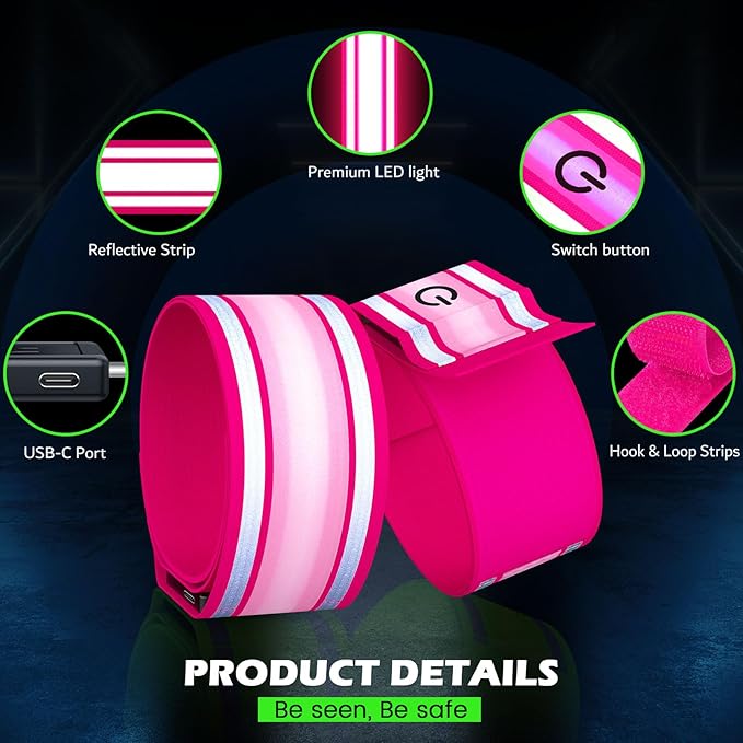LED Armband for Running 2 Pack, 5 Colors 3 Lights Modes Rechargeable Reflective Light Up Arm Bands, High Visibility Reflective Gear for Running Walking Cycling at Night (Pink)