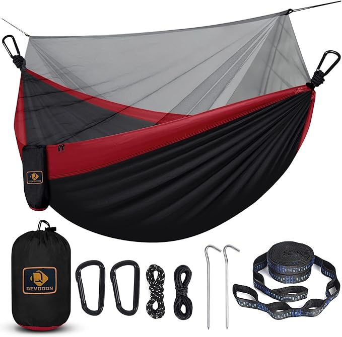 Camping Hammock with Net,Portable Lightweight Double Hammocks with Tree Straps and Solid D-Shape Carabiners,Parachute Nylon Hammock for Backpacking Beach Backyard Patio Hiking Black&Red